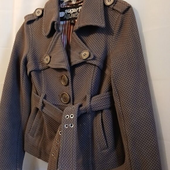 SUGAR FLY Peacoat womens XS Brown softshell woven Seersucker look Sexy Coat! - Picture 4 of 13